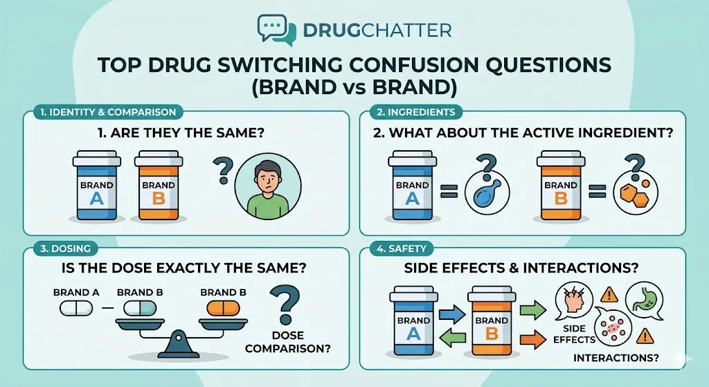 Top drug switching confusion questions (brand vs brand)