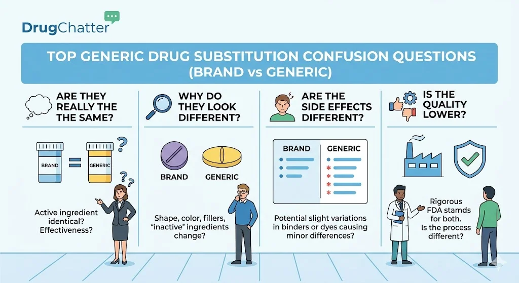 Top generic drug substitution confusion questions (brand vs generic)